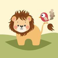 mignonne illustration avec amical Lion et peu rouge oiseau vecteur