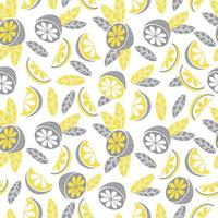 modèle sans couture de couleur jaune-gris. décor, agrumes, feuilles et branches sur fond blanc. illustration vectorielle. pour le textile, le papier peint, le design, l'impression, l'emballage et la décoration vecteur