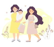 maternité. maman dans une robe tient un fils nouveau-né dans ses bras. à côté d'elle se trouve une fille aux cheveux longs et aux paquets dans ses mains sur fond de plantes. illustration vectorielle. famille lgbt femme heureuse vecteur