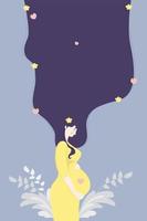 maternité. heureuse femme enceinte dans une robe jaune, serrant tendrement son ventre avec ses mains, sur un fond avec un décor de plantes et de fleurs. illustration vectorielle. bannière verticale, carte de voeux vecteur