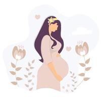 maternité. heureuse femme enceinte avec un bouquet de fleurs dans ses cheveux étreint doucement son ventre avec ses mains. sur le fond des plantes, des feuilles, des fleurs, des coeurs et des nuages. illustration vectorielle vecteur