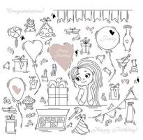 ensemble de doodle anniversaire. boîtes de ballons de femme. fille mignonne douce et cadeaux, boîtes et ballons, bonbons et gâteaux, cosmétiques et cocktails. contour isolé sur fond blanc. illustration vectorielle vecteur