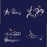 brillant blanc Ramadan kareem calligraphie ensemble avec coloré floral et islamique modèle dessins vecteur