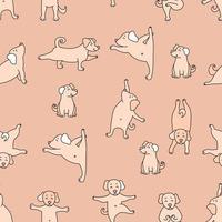 modèle sans couture. yoga pour animaux de compagnie. yoga pour chiens - chiots mignons faisant des exercices et debout dans l'asana. vecteur sur un fond décoratif rose. pour la conception, l'emballage, les textiles et le papier peint