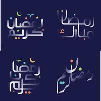 brillant blanc Ramadan kareem calligraphie ensemble avec coloré floral et islamique modèle dessins vecteur