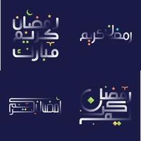 brillant blanc Ramadan kareem calligraphie pack avec coloré des illustrations de islamique art et culture vecteur