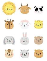 mignons portraits d'animaux simples. ensemble de portraits d'animaux en couleur - mouton, vache, lion et tigre, panda et cerf, lièvre et ours, chien et chat. pour la décoration des enfants, l'impression, les textiles. illustration vectorielle vecteur