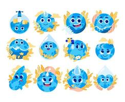 monde l'eau journée avec mignonne rétro globe dessin animé personnage vecteur illustration