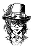 garçon avec longue cheveux portant lunettes de soleil et chapeau main tiré illustration vecteur