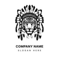 tigre tête avec originaire de américain Indien chef accessoires logo main tiré illustration vecteur