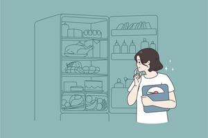 pensif Jeune femme avec Balance ouvert frigo pense de régime nourriture ou repas. millénaire fille Regardez dans réfrigérateur pour faible calorie produit. nutrition plan et poids perte concept. vecteur illustration.