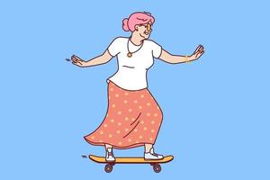 plus âgée femme monte planche à roulette vouloir à rester Jeune et acte comme adolescent titre à skatepark. personnes âgées femme avec planche à roulette jouit retraite âge et manquer de de travail responsabilités vecteur