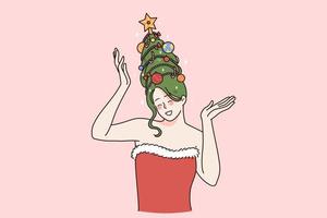 content Jeune femme avec Noël arbre chapeau sur tête célébrer public avec hiver vacances. souriant femelle modèle dans Père Noël claus sexy costume féliciter avec Nouveau an. vecteur illustration.