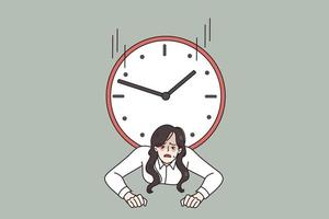 stressé femme employé piégé en dessous de l'horloge gérer chape avec date limite à travail. affligé femme d'affaires mal temps la gestion ou organisation. surmenage, charge de travail concept. vecteur illustration.