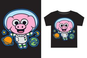 main tiré mignonne peu porc astronaute dessin animé illustration pour des gamins t chemise conception vecteur