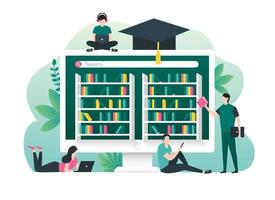 en ligne éducation, e-learning, en ligne cours concept avec élèves et numérique bibliothèque livres illustration vecteur