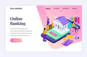 concept de design isométrique plat moderne de la banque en ligne avec des personnages. paiement électronique pour site Web et site Web mobile. modèle de page de destination. illustration vectorielle vecteur