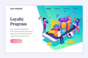 concept de conception de page de destination isométrique du programme de marketing de fidélisation. groupe de gens heureux près d'un gros smartphone, carte de réduction et de fidélité, points de carte de récompenses et bonus. illustration vectorielle vecteur