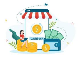 cashback illustration avec financier Paiement à argent en espèces retour un service pour une acheteur dans plat dessin animé main tiré pour atterrissage page modèles vecteur