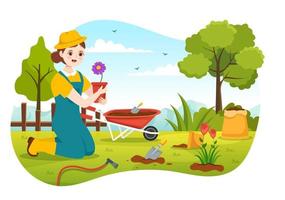 jardinier illustration avec jardin outils, agriculture, grandit des légumes dans botanique été jardinage plat dessin animé main tiré pour atterrissage page modèles vecteur