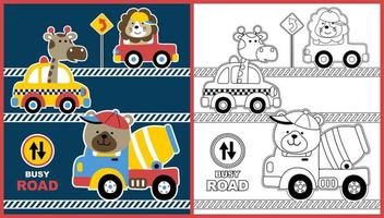 marrant animaux conduite voiture dans le route, vecteur dessin animé illustration, coloration page ou livre