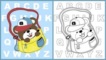 vecteur dessin animé de mignonne ours dans le sac sur alphabet arrière-plan, coloration page ou livre