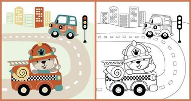 vecteur dessin animé de mignonne ours sur camion de pompier avec police voiture dans ville route, coloration livre ou page