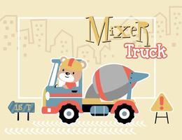 vecteur dessin animé illustration de mignonne ours conduite mixer un camion avec route signe sur bâtiment Contexte