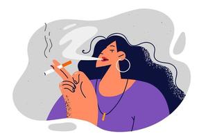 femme fume cigarette et communiqués fumée de bouche profiter court Pause pendant travail journée. poil long fille avec cigarette souffre de nicotine dépendance et des risques santé dû à le tabac utilisation