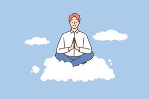 calme homme d'affaire asseoir sur nuage avec mudra mains méditer. souriant Masculin employé flottant dans air engagé dans méditation. stress gratuit. vecteur illustration.
