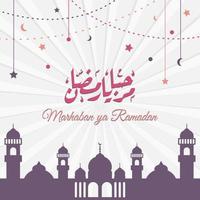 marhaban ya bannière de ramadhan avec calligraphie, mosquée sur couleur pastel adaptée aux cartes de voeux, flyer, affiche, couverture, web, publication sur les réseaux sociaux ou histoires vecteur