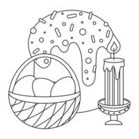 Pâques petit gâteau avec sucré arrose, bougie titulaire et des œufs avec ornements dans une panier. ligne art. vecteur