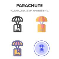 pack d'icônes parachute et paquet dans différents styles vecteur