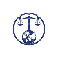 concept de logo de tribunal international et de cour suprême. échelles sur la conception d'icône de globe. vecteur