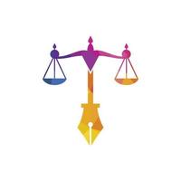 vecteur de logo de droit avec équilibre judiciaire symbolique de l'échelle de la justice dans une pointe de stylo. vecteur de logo pour le droit, les tribunaux, les services de justice et les entreprises.