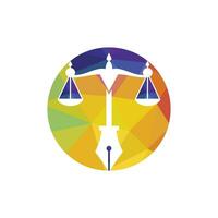 vecteur de logo de droit avec équilibre judiciaire symbolique de l'échelle de la justice dans une pointe de stylo. vecteur de logo pour le droit, les tribunaux, les services de justice et les entreprises.