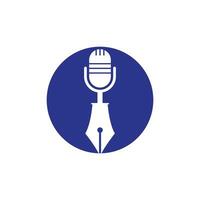 conception de logo de radio de podcast de conférence de microphone de stylo. création de logo vectoriel de podcast d'éducation.