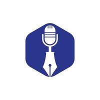 conception de logo de radio de podcast de conférence de microphone de stylo. création de logo vectoriel de podcast d'éducation.