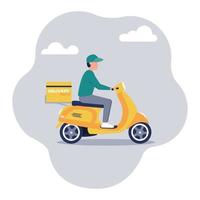 illustration vectorielle plane de livraison par courrier à votre domicile ou au bureau à partir d'une boutique en ligne, entrepôt sur un scooter, livraison rapide vecteur