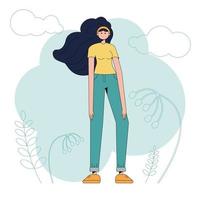 image vectorielle plane d'une jeune fille aux cheveux longs dans le vent en jeans, baskets et un t-shirt sur fond de nuages et de plantes. promenade dans la nature, exagération des proportions vecteur