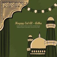 cartes de voeux eid al-adha avec mosquée dessinée à la main sur fond vert. vecteur