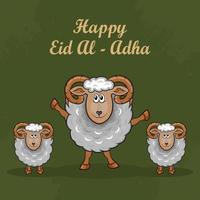 Cartes de voeux eid al-adha avec moutons dessinés à la main sur fond vert. vecteur
