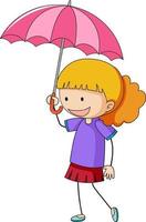 fille tenant le personnage de dessin animé de parapluie vecteur