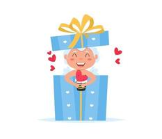 ange cupidon Saint-Valentin dans une boîte cadeau. mignon personnage de dessin animé cupidon garçon ou fille. vecteur
