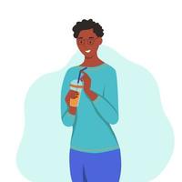 une jeune femme boit un smoothie, du jus de fruits frais, un cocktail. le concept d'une bonne nutrition, d'un mode de vie sain. illustration de dessin animé plat. vecteur