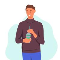 un jeune homme boit un smoothie, du jus de fruits frais, un cocktail. le concept d'une bonne nutrition, d'un mode de vie sain. illustration de dessin animé plat. vecteur