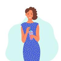 une jeune femme en robe bleue boit un smoothie, du jus de fruits frais, un cocktail. le concept d'une bonne nutrition, d'un mode de vie sain. illustration de dessin animé plat. vecteur