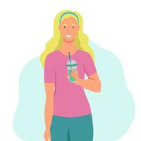 une jeune femme boit un smoothie, du jus de fruits frais, un cocktail. le concept d'une bonne nutrition, d'un mode de vie sain. illustration de dessin animé plat. vecteur