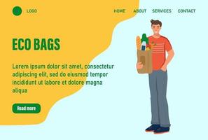 un homme tient un sac de page de destination d'épicerie. concept de recyclage, écologie, soins de la nature. modèle de page Web de destination de page d'accueil de site Web.illustration vectorielle vecteur