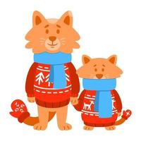 fils et père de chats portant un pull en tricot rouge, une écharpe, des mitaines. personnage animal mignon de bande dessinée. illustration vectorielle isolée sur fond blanc. vecteur